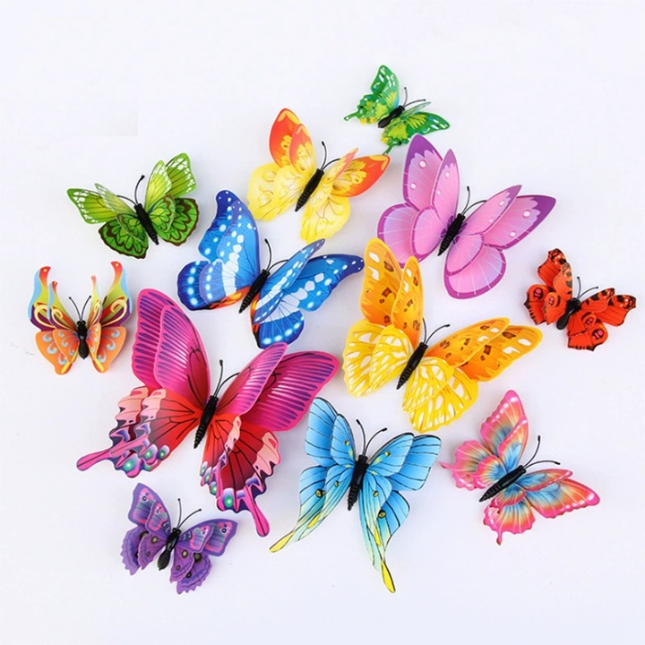 Fluturi 3D cu magnet, dubli, decoratiuni casa sau evenimente, set 12 bucati, Multicolor, Obiecte decorative