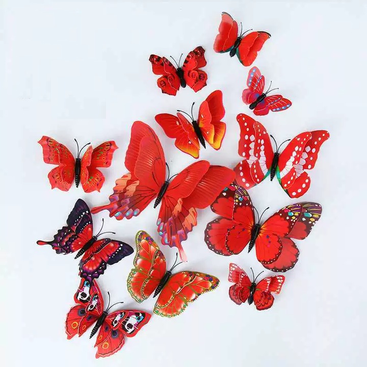 Fluturi 3D cu magnet, dubli, decoratiuni casa sau evenimente, set 12 bucati, Rosu, Obiecte decorative