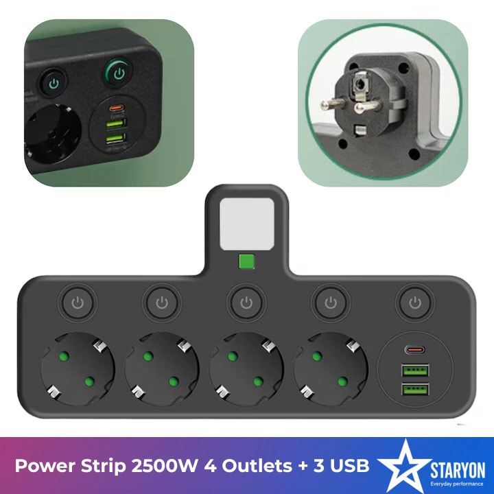 Bloc Multipriza / Priza Multipla 2500W Staryon®, 4 Prize Schuko + 2 Porturi USB-A + 1 Port USB-C, Protectie Supratensiune, Intrerupatoare Individuale, Lumina de Noapte, Material ignifug, Negru