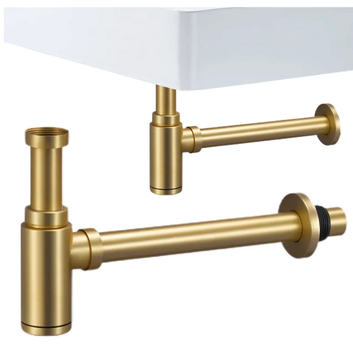 Премиум сифон за мивка BiXXBi, против миризми, подвижен капак, регулируема височина, универсална съвместимост G1 1/4, дължина 300 мм, Ø40 мм, тегло 580 г, неръждаема стомана, матово златист