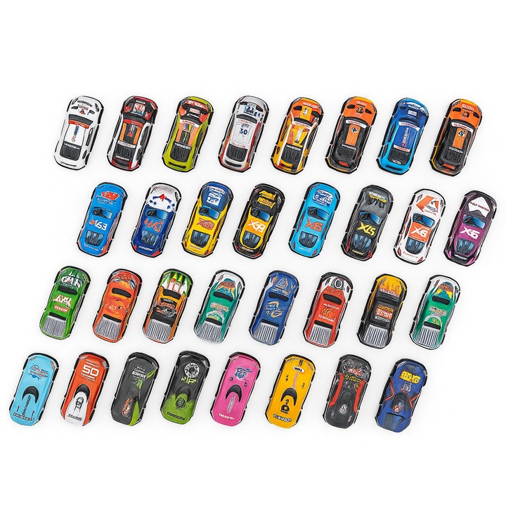 Set Masinute Mini Pull-Back din Metal, 32 bucati, diverse culori, 6.8x3.1x2.1cm