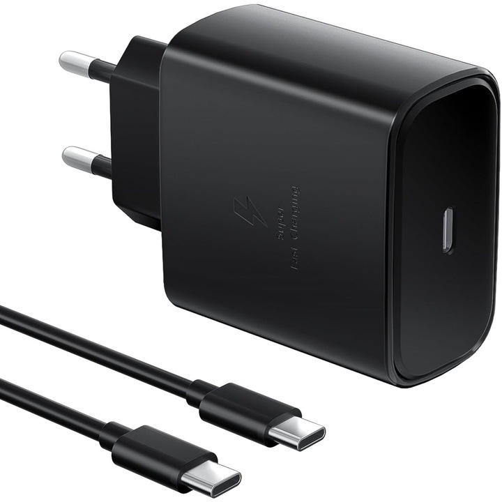 Incarcator Fast Charge 45W, 1M Type-c cablu, compatibil cu Samsung S10, S20, S20 Ultra, S21 FE, S21, S22, S22 Plus, S23, S23 Plus, Note 10, Note 20, si Cablu de date fast charge 1m Tip C, Type C, Negru