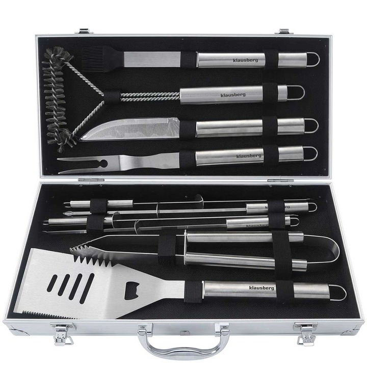 Set ustensile gratar Klausberg KB-7901, 10 piese, inox, geanta aluminiu, 46x22x8cm