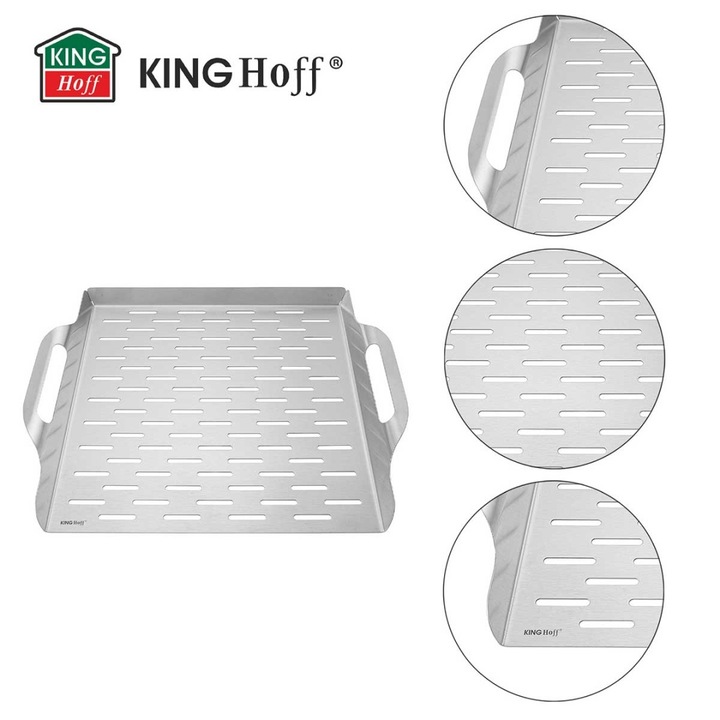 KINGHOFF grillserpenyő, 36,8x30,7 cm, rozsdamentes acél, magas szélekkel, perforált