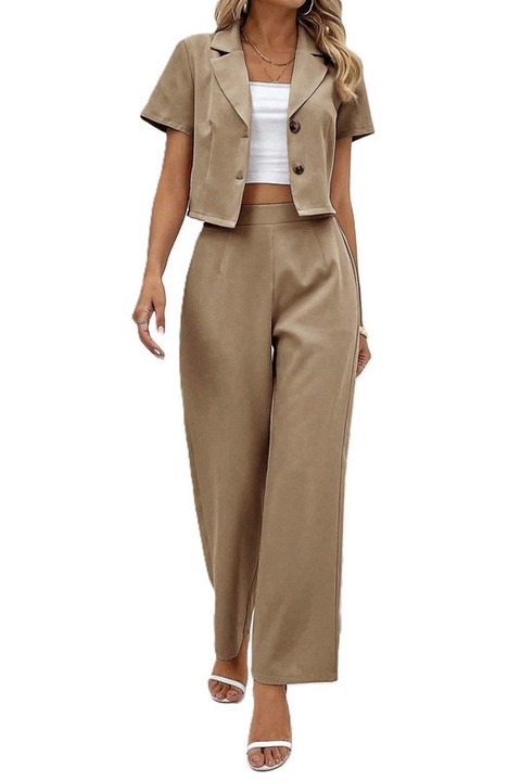 Costum Dama, Sacou Cu Maneci Scurte Si Pantaloni, Maro deschis