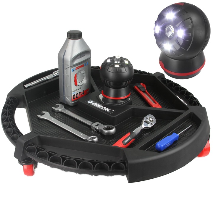 Tava de atelier Mar-Pol mobila cu LED 50cm, 4 compartimente, roti pivotante