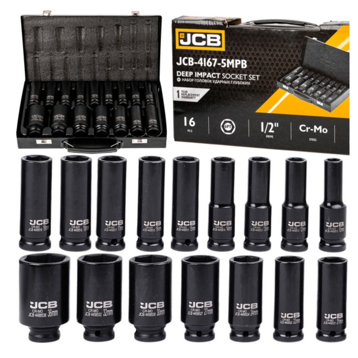 Set 16 chei 1/2" JCB, 6-katne, 10-36mm, din otel Cr-Mo, cu valiza de transport