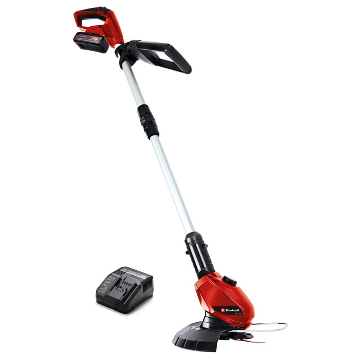 Trimmer de tuns gazon/iarba fara fir Einhell GE-CT 18 Li (1x 2,5 Ah) Power X-Change 18 V, cap rotativ + inclinabil, Flowerguard, incl. 20 de lame din plastic, incl. baterie de 2,5 Ah + incarcator