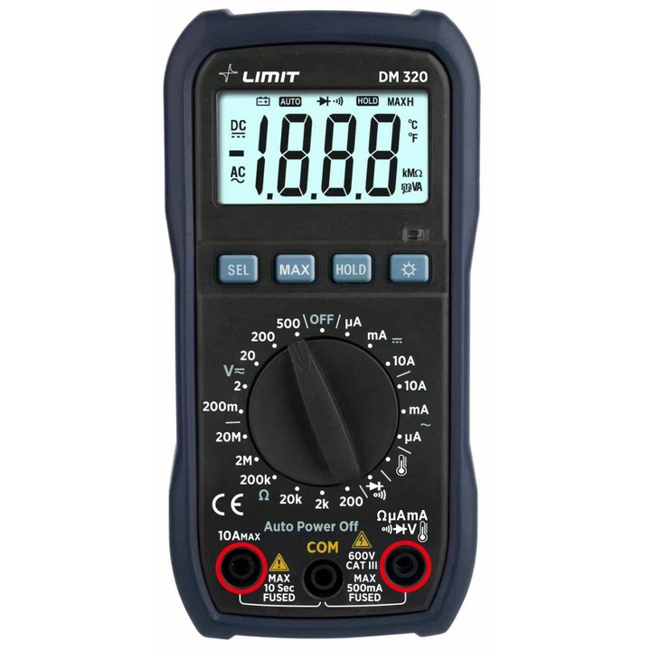 Цифров мултицет Limit, 200A, 200mV-500V, измерване на температура от -20°C до +750°C, осветяване на дисплея