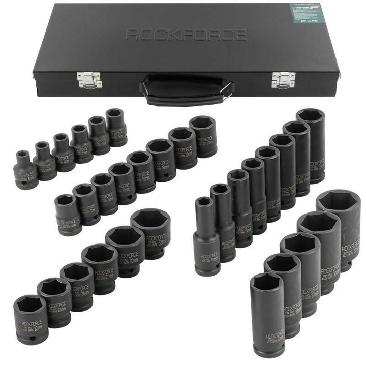 Set chei cu nasadki 6-katne ROCKFORCE, 33 piese, dimensiuni 8-32mm, lungime 38x78mm