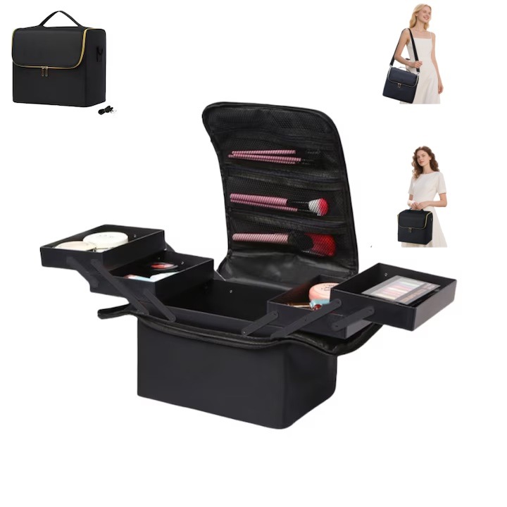 Organizator de cosmetice de calatorie, trusa de machiaj portabila de mare capacitate, cu 4 separatoare reglabile. Poate contine instrumente de manichiura, bijuterii, pensule de machiaj si articole de toaleta. Dimensiuni: 28 x 20 x 17 cm. Negru/auriu