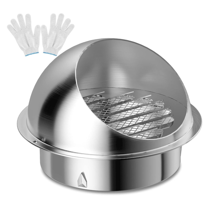 Вентилационна решетка SINBINTA, Кръгла, За абсорбатор, Капак против насекоми, Монтаж на стена, Дизайн против замърсяване, Устойчив на атмосферни влияния, За външна стена, Неръждаема стомана, 100мм, 140*98*45мм, Сребрист