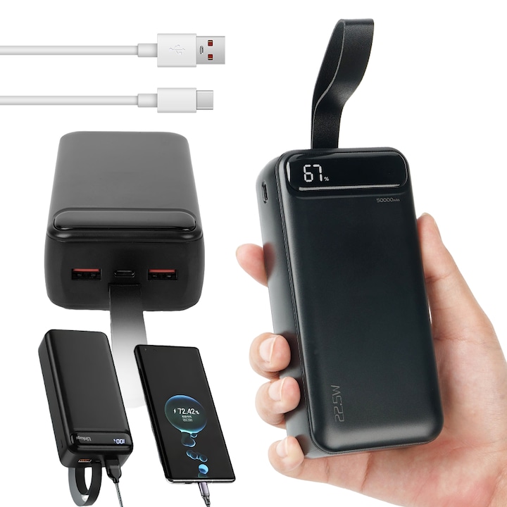 Baterie Externa Portabila, 50000 mAh, 22.5W, Cu Porturi USB-C si 2 porturi USB-A, Poate fi folosit ca lanterna, de uz incarcare laptop + telefon, Cu Cablu de incarcare, Negru