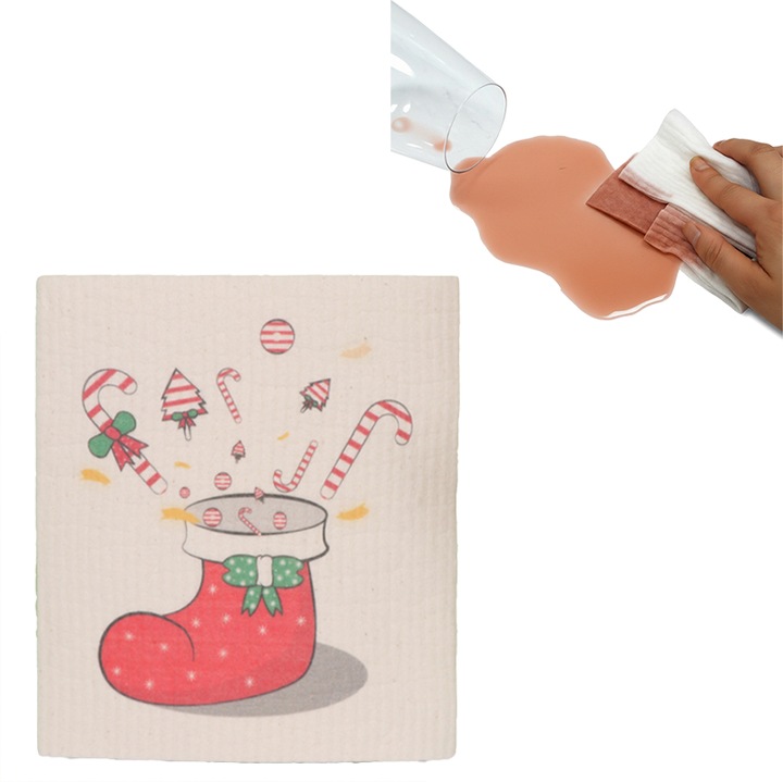 Laveta din Celuloza cu Model Ciorap de Craciun, Burete Multifunctional din Fibre de Lemn, 1 Buc, Putere Mare de Absorbtie si Usor de Curatat pentru Bucatarie