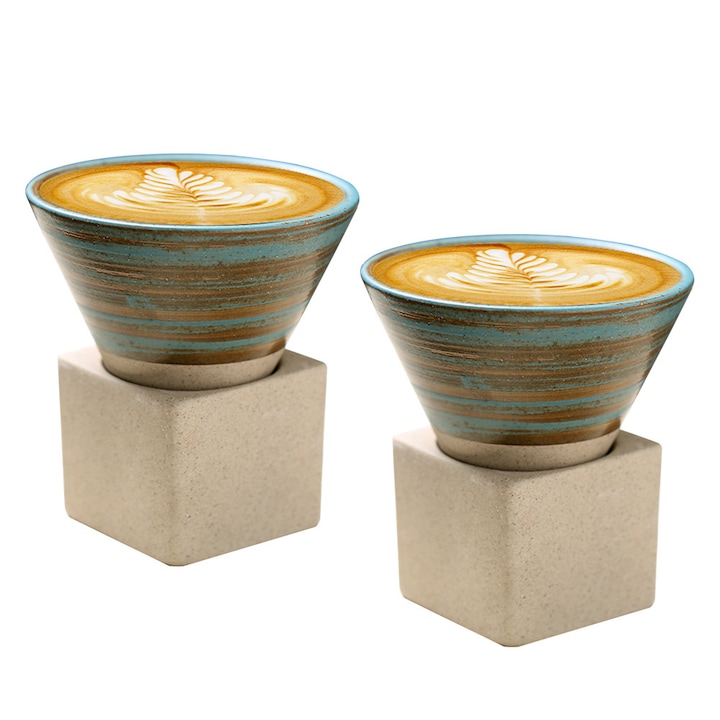 Cana de cafea din doua piese, ceramica, vintage, 200 ml, set de cani ceramice japoneze, Cu suport pentru pahare, verde