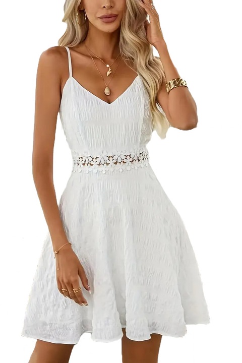 Nyári ruha, virágmintás csipkével, vékony pántokkal, mély V-nyakkal, fehér, S-es méret