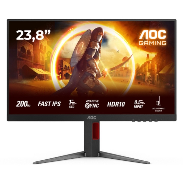 AOC 24G4HA monitor, 23,8" IPS WLED, 1920x1080@200Hz, 1ms GtG, 0,5ms MPRT, 300cd m/2, 1000:1, 80M:1 DCR, Adaptív szinkron, Villódzásmentes, Alacsony kékfény-kibocsátású, 2Wx2, Dönthető, Magasságállítás, Pivot, Forgatható, 2xHDMI, DP 24G4HA