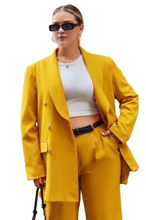 Costum Dama, Plus Size, Casual, Sacou & Pantaloni, Galben