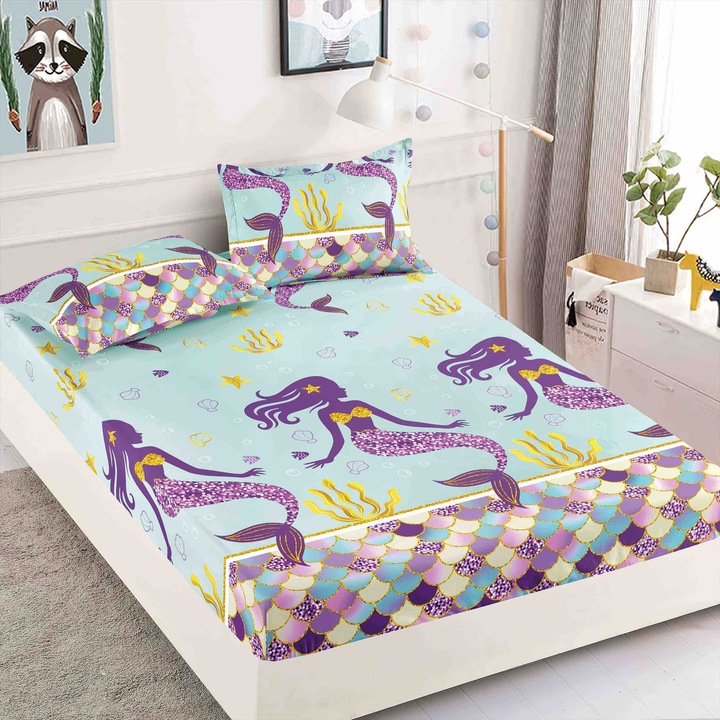 Husa Pat dublu cu elastic, Bumbac FINET, 180 x 200 cm, 2 fete de perne 50x70cm, MHR-1886