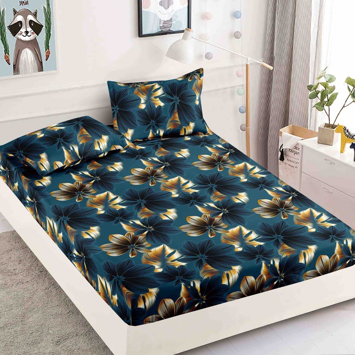 Husa Pat dublu cu elastic, Bumbac FINET, 180 x 200 cm, 2 fete de perne 50x70cm, MHR-1892