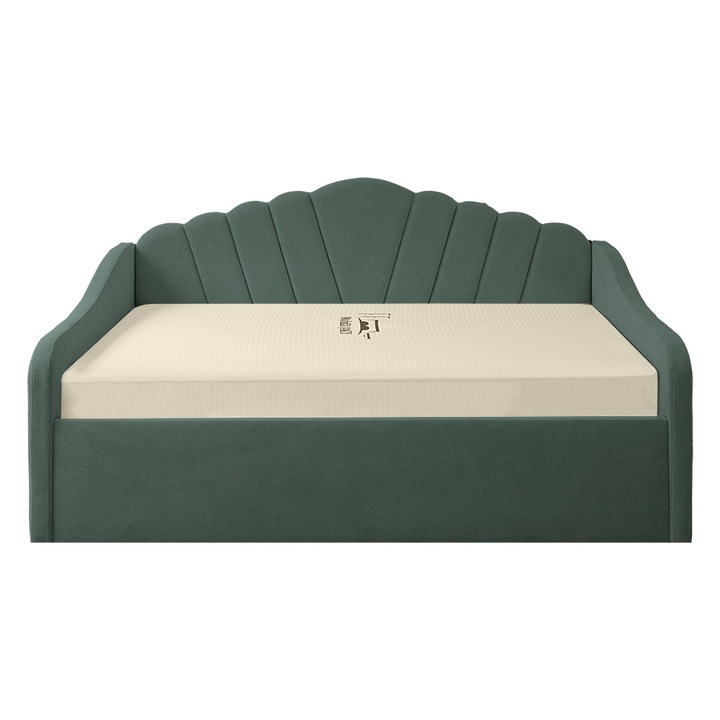 Pat tapitat Madisson 120/200 cm, verde cu somiera metalica rabatabila si spatiu de depozitare