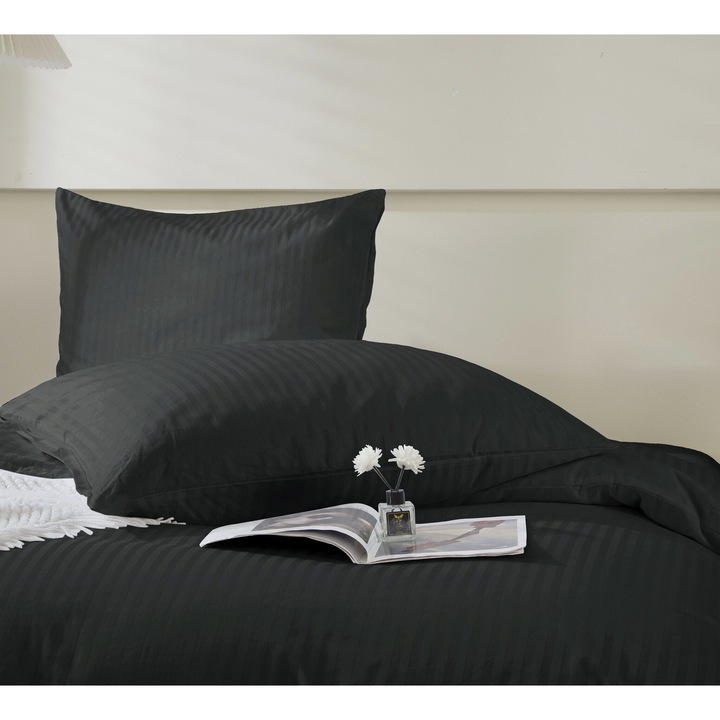 Калъфка за възглавница от памучен сатен дамаск 50x70 см, черна, 100% памук, райета