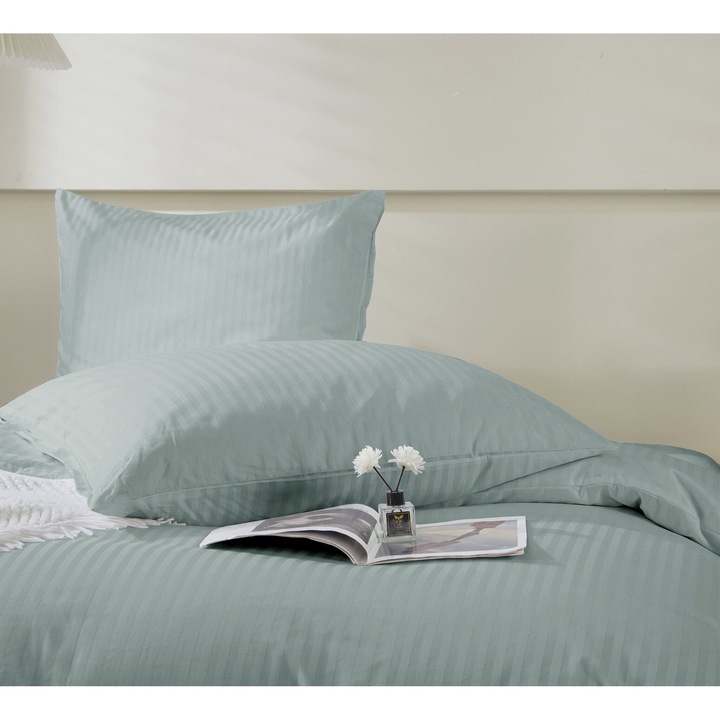 Poszewka de perna adamaszkowa din satina bumbac 50x70 cm, culoare szalwiowa, 100% bumbac, design cu dungi