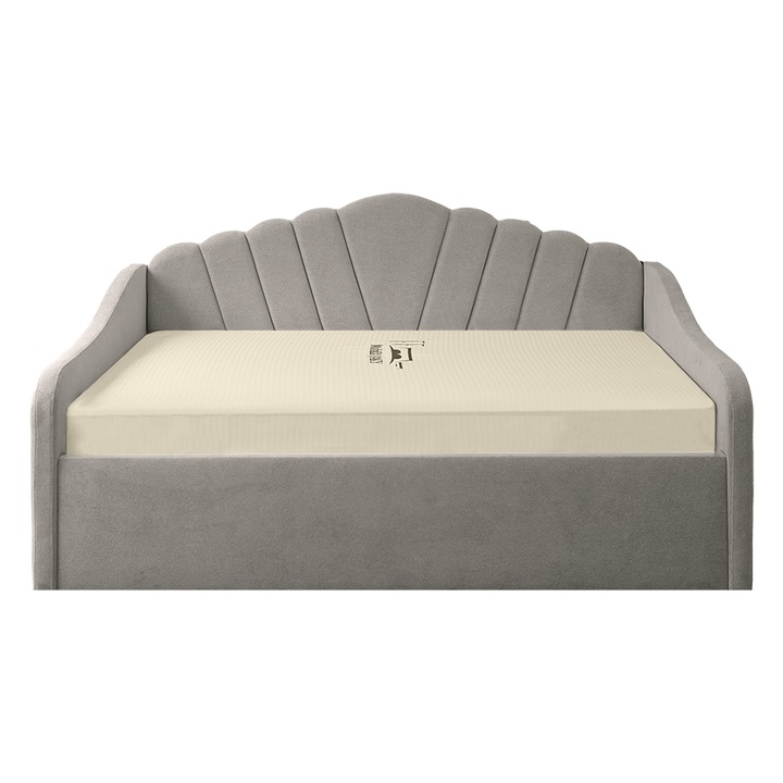 Pat tapitat Madisson 120/200 cm, gri deschis cu somiera metalica rabatabila si spatiu de depozitare