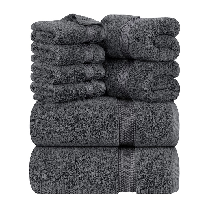 Комплект от 8 кърпи, ZGGZERG, Пухкави кърпи, Меки, Лесни за почистване и използване, Удобни, Издръжливи, Супер абсорбиращи, Подходящи за баня, кухня, всекидневна, спалня, 100% Памук, 140*70см/40*70см/34*34см, сив