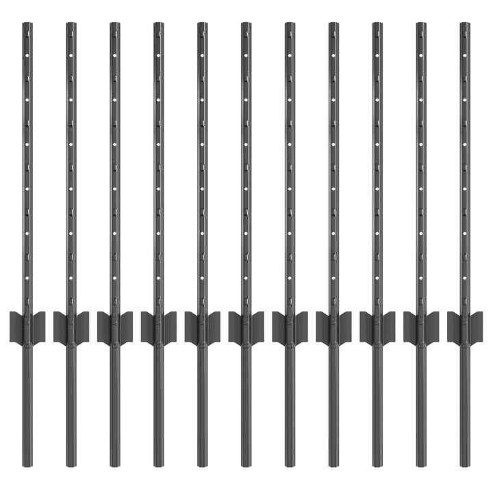 Set stalpi pentru Gard vidaXL, 11 buc, U-Channel, Gri, 100 cm, Otel, 6.66 kg