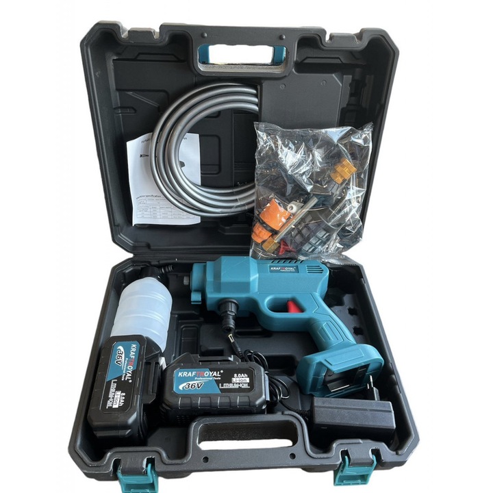 Водоструйка KraftRoyal, Акумулаторна, 2 батерии, 36V, Куфар за съхранение, 4 литра/ минута, 30 бара, Размер: 15х40х23 сантиметра, Цвят: Син