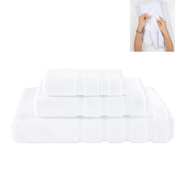 Комплект от 3 кърпи, ZGGZERG, Пухкави кърпи, Меки, Лесни за почистване и употреба, Удобни, Издръжливи, Супер абсорбиращи, Двойни шевове, За баня, кухня, всекидневна, спалня, 100% Памук, 70*140/35*75/35*35см, бели