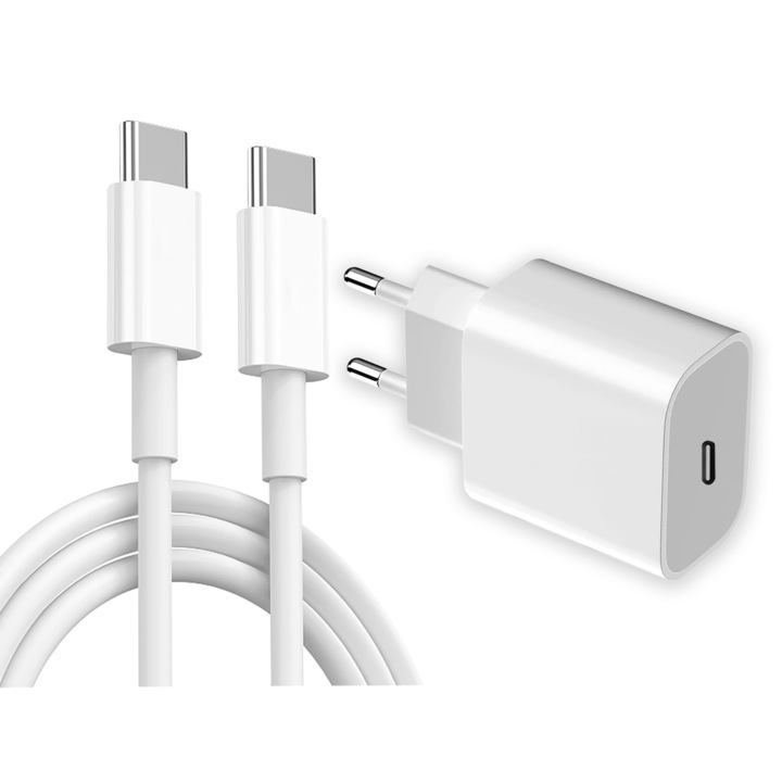 Incarcator universal USB Type-C, adaptor de incarcare rapida de 20W, inclusiv cablu de date USB-C de 2m alb, compatibil cu Samsung, Huawei, Xiaomi etc