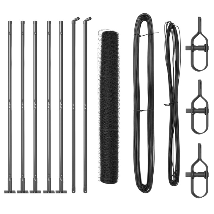 Gard Hexagonal vidaXL, Gri, Oțel, 1x10 m, Set complet (5 stâlpi, plasă, accesorii)