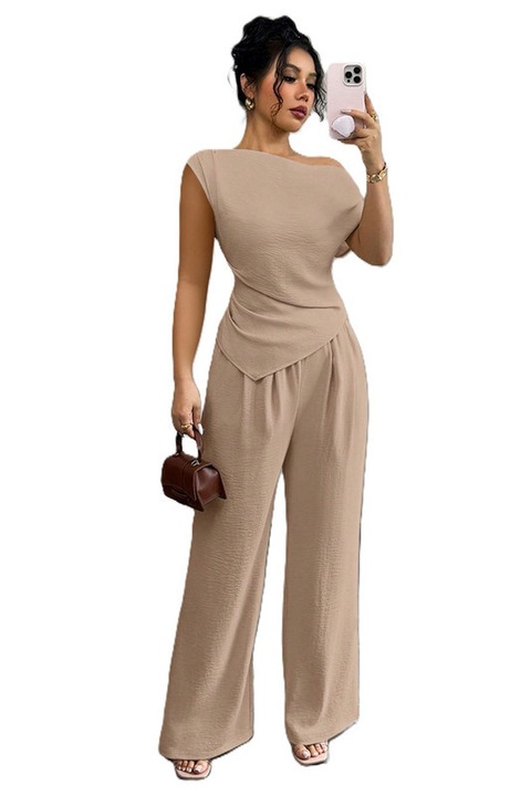 Set Dama, Elegant, Pantaloni Cu Talie Inalta Si Bluza Cu Un Umar, Kaki