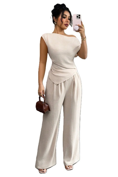 Set Dama, Elegant, Pantaloni Cu Talie Inalta Si Bluza Cu Un Umar, Crem