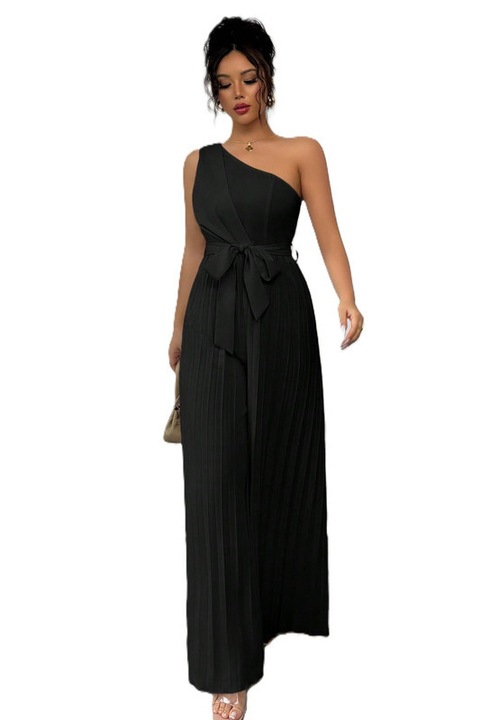 Set Dama, Elegant, Pantaloni Plisati Si Bluza Cu Funda, Negru