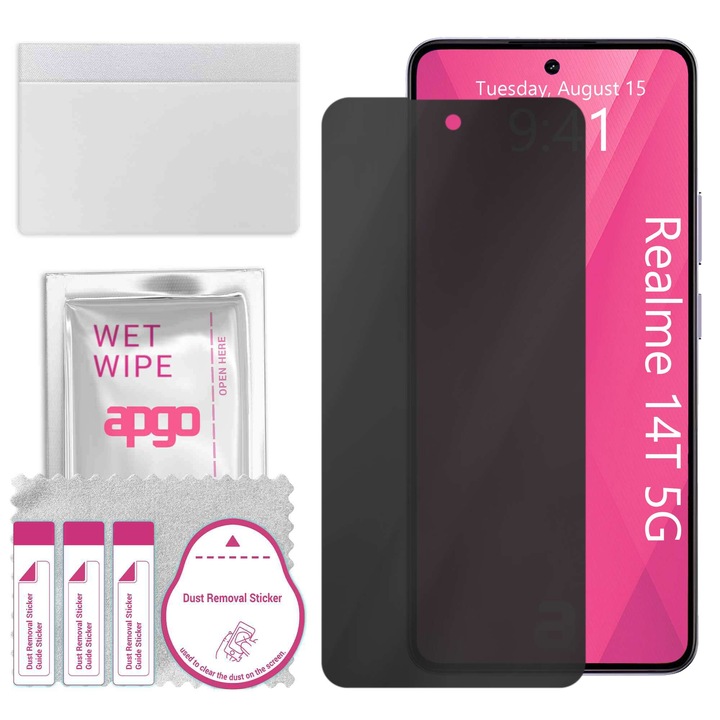 Sticla de protectie PRIVACY apgo pentru Realme 14T 5G – sticla hibrid, full glue, flexible glass