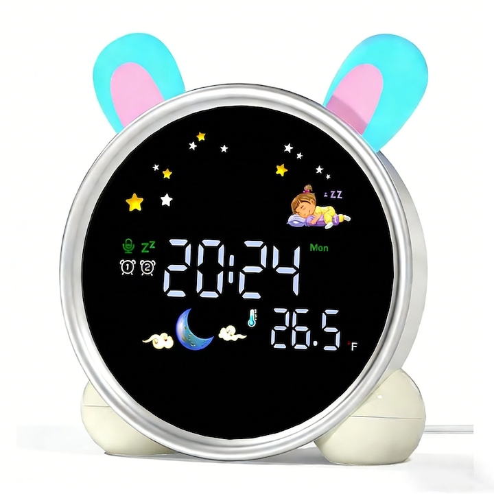 Ceas desteptator pentru copii, ZGGZERG, 7 sunete linistitoare, 2 seturi alarma, Functie snooze, Schimbare lumina 5 culori, Data si temperatura, Reincarcabil, Luminozitate reglabila, Design iepuras, Alb