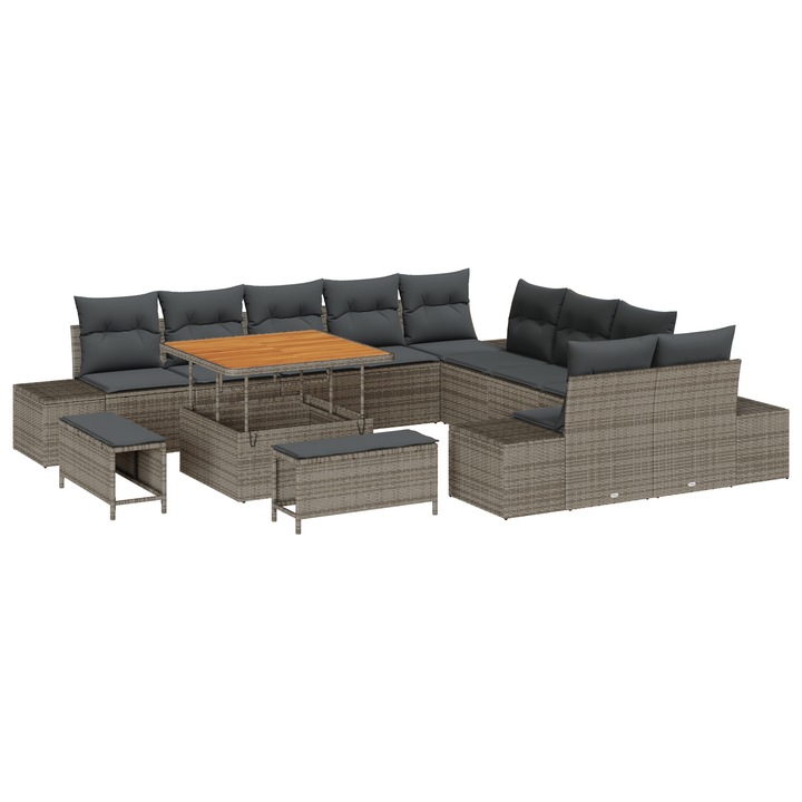Set de mobilier gradina, vidaXL, 13 piese, ratan sintetic, gri, cu perne