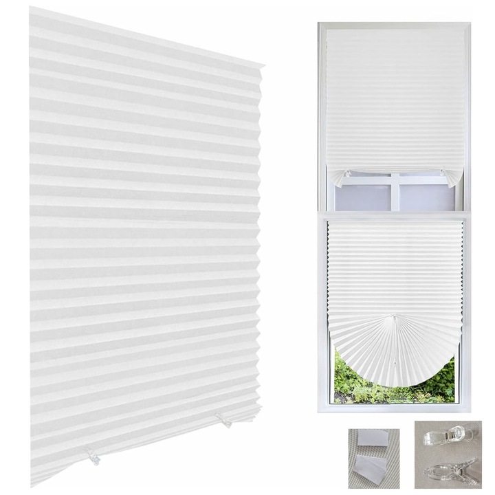 Set 2 Jaluzea Plisata, ZGGZERG, Perdea gata confectionata, custalat, Sistem de Prindere Autoadeziv Inclus, Usor de inroiectate pentru a bloca 50% lumina solara, pentru Ferestre si Usi Dormitor/ Living, M, Materiale netesute, 60 * 150 cm, Alb