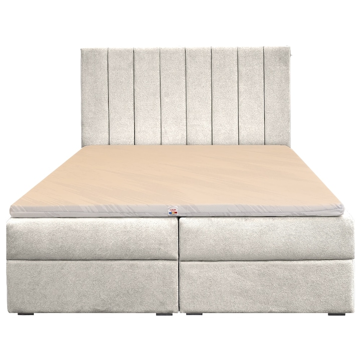Pat Boxpring Columbia 140/200 crem, tapitat cu saltea integrata si 2 lazi de depozitare