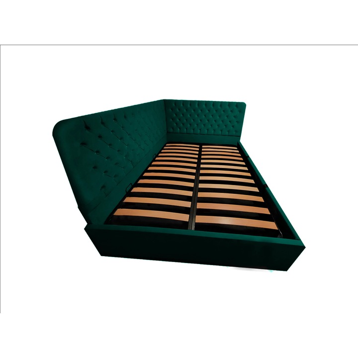 Pat Vega - stanga tapitat 170/200 cu somiera rabatabila si spatiu depozitare verde smarald