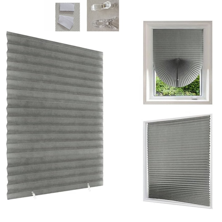 Комплект 2 плисирани щори, ZGGZERG, готова завеса, по поръчка, включена самозалепваща система за закрепване, лесно затъмняващи за блокиране на 50% слънчева светлина, за прозорци и врати на спалня/дневна, L, нетъкан текстил, 60 * 180 см, сив