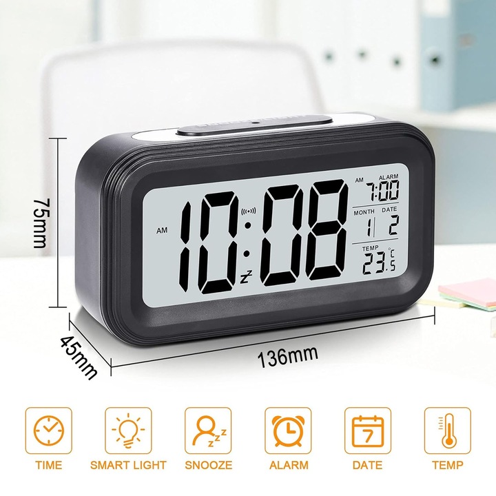 Ceas desteptator digital, ZGGZERG, Cu afisaj mare, lumina de noapte, Functie snooze, Temperatura interioara, Data, Lumina de fundal, Senzor de lumina, 12/24 Ore, Ideal pentru Birou, Dormitor, Plastic, 13.6*4.5*7.5cm, Negru
