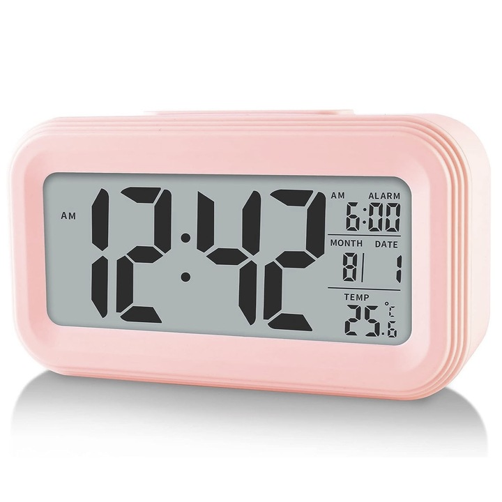 Дигитален будилник, ZGGZERG, С голям дисплей, нощна светлина, Функция дрямка, Вътрешна температура, Дата, Подсветка, Сензор за светлина, 12/24 часа, Идеален за Офис, Спалня, Пластмаса, 13.6*4.5*7.5см, Розов