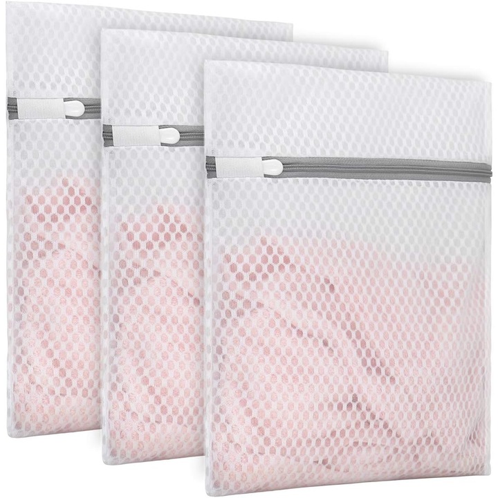 3 bucati de saci de rufe din plasa tip fagure, durabili, pentru articole delicate (1 sacosa mare 40 x 50 cm, 1 sacosa medie 30 x 40 cm, 1 sacosa mica 23 x 30 cm), 3 sacose mici
