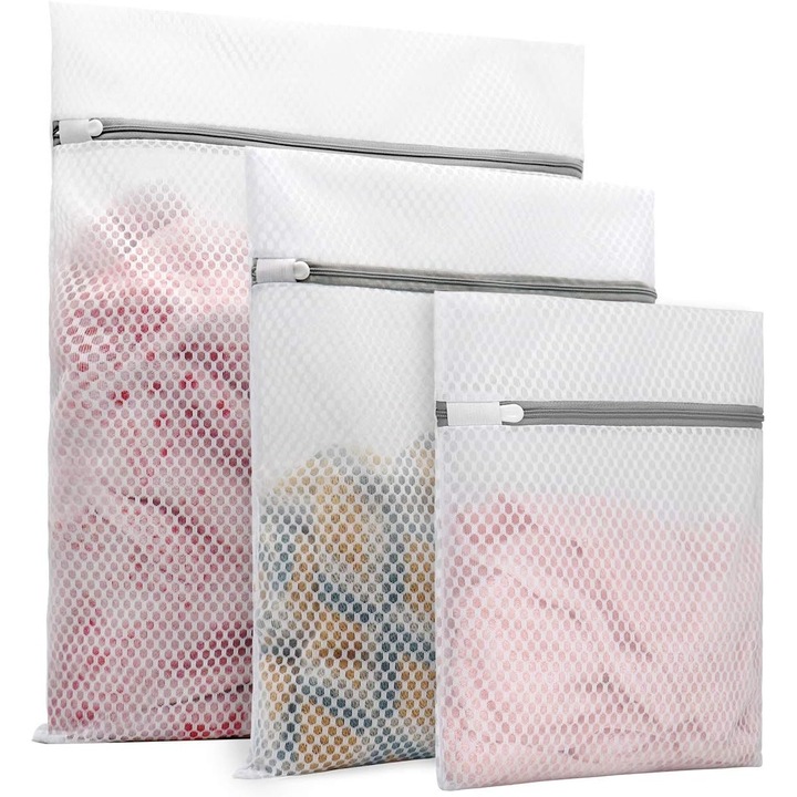 3 saci de rufe din plasa tip fagure, durabili, pentru articole delicate (1 sacosa mare 40 x 50 cm, 1 sacosa medie 30 x 40 cm, 1 sacosa mica 23 x 30 cm), 1 sacosa mare, 1 sacosa medie, 1 sacosa mica