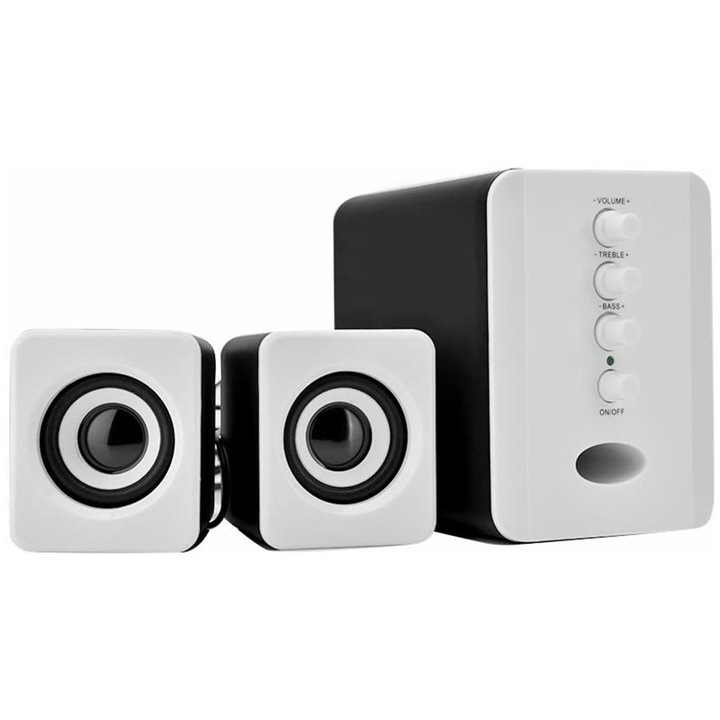 PC hangszórók 2.1, fekete-fehér, 95x115x128mm, 62x63x75mm, USB, AUX, állítható mélyhang