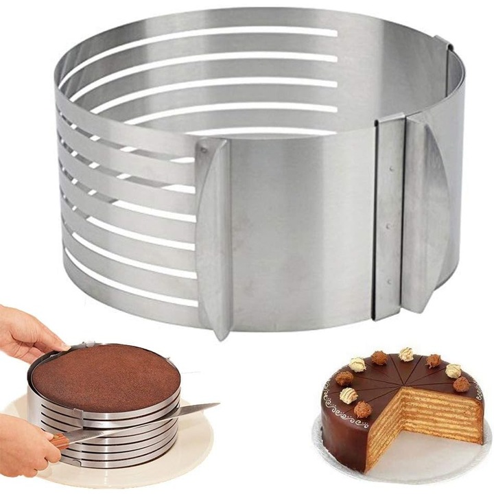 Inel reglabil pentru feliat tort, taietor stratificat din otel inoxidabil alimentar, 7 niveluri pentru feliere uniforma, diametru reglabil 15-20 cm, inaltime 8 cm, argintiu, 1 buc